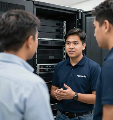 A close-up of a server rack glowing with blue LED lights in a data center.