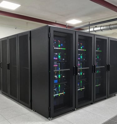 A city skyline at dusk with digital network lines illustrating internet connectivity.