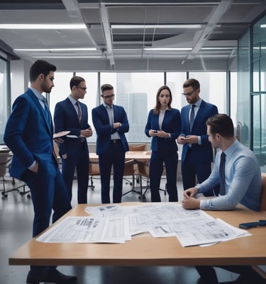 A sleek corporate office interior showcasing teamwork and creativity.