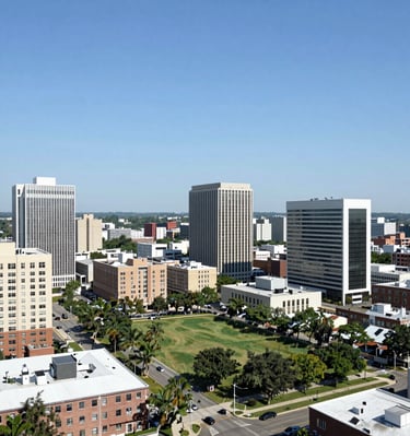 Aerial view of a promising urban site with nearby transportation hubs and bustling streets.