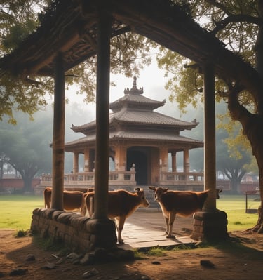 A peaceful gaushala site in Andhra Pradesh, showing wooden shelters being built for cows amidst green fields.