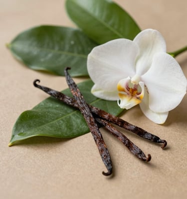 A bundle of ethically sourced vanilla pods tied with natural twine, resting on handmade paper.