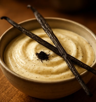 Delicate vanilla seeds sprinkled atop a decadent gourmet dessert, showcasing the tiny black specks.