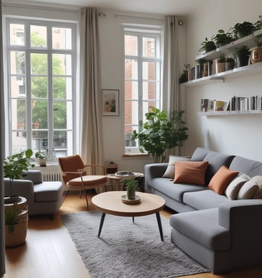 Cozy living room in a Brussels apartment with warm lighting.