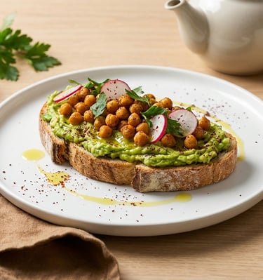 Tartine d'avocat (avocado toast) avec pois chiches épicés et radis sur pain au levain, accompagnée d