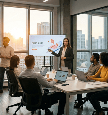 Équipe de professionnels collaborant sur une présentation stratégique dans un bureau moderne au couc