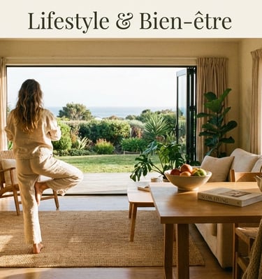 Femme pratiquant le yoga dans un salon moderne et lumineux, prônant la "slow life" et le bien-être a