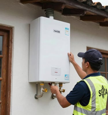 Friendly technician explaining maintenance tips beside a Haceb refrigerator.