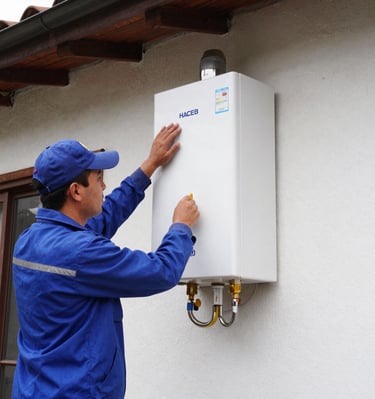 Customer smiling as technician completes a gas appliance check at El Chicó.
