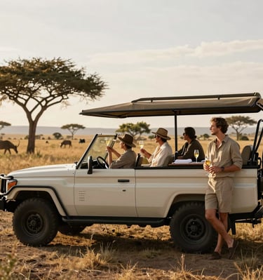 A vibrant sunset over the savannah with silhouettes of giraffes and baobab trees.