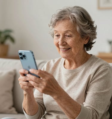 Senhora feliz em conseguir utilizar seu Iphone com segurança e facilidade