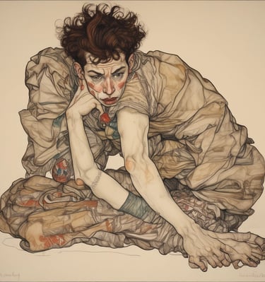 Close-up of a textured canvas showing bold, raw brushstrokes in deep reds and blacks.