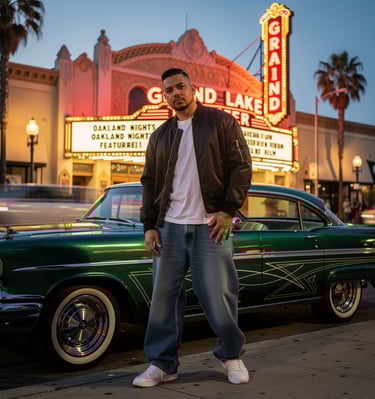 Man posing by a vintage green lowrider car in front of the Grand Lake Theater in Oakland.