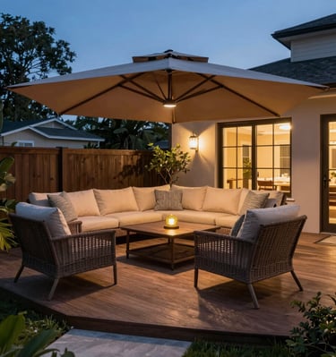 An outdoor patio with string lights overhead, comfortable seating, and vibrant plants creating a peaceful retreat.