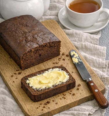 Sliced ginger cake on a wooden board with butter and a cup of tea.