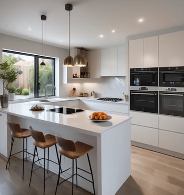 Close-up of finely detailed cabinet handles on smooth, cream-colored kitchen drawers.
