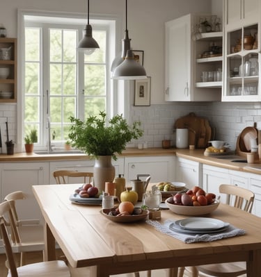 Elegant wooden dining table set with natural linen napkins and simple ceramic dishes, framed by deep green plants.