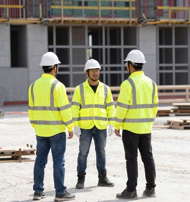 Workers wearing high-visibility shirts and safety gear on a construction site.