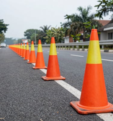 Bright yellow traffic cones lined up along a freshly paved highway.