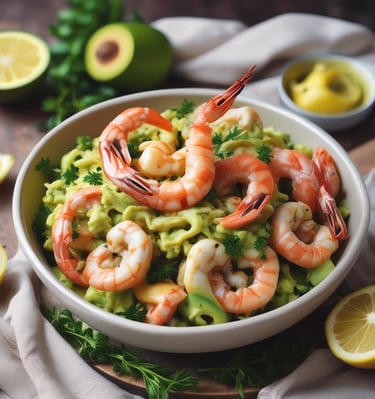 a bowl of shrimp and avocado with avocado