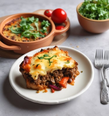 a plate with a casserole and a bowl of salad
