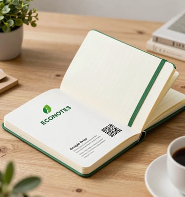 Close-up of a recycled paper notebook with a minimalist design and a visible QR code on the cover.
