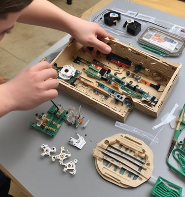 Close-up of hands assembling educational kits for students.