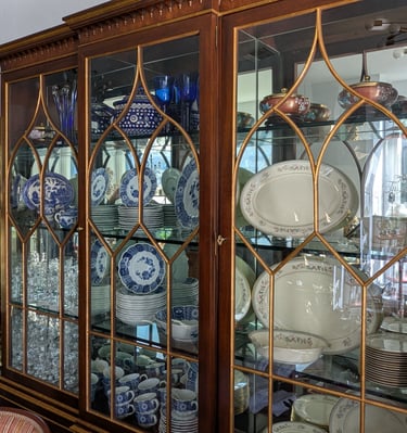 display case with dishes