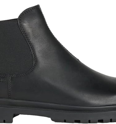 Black leather Geox Chelsea boots for women with elastic side panels and a durable lug sole.