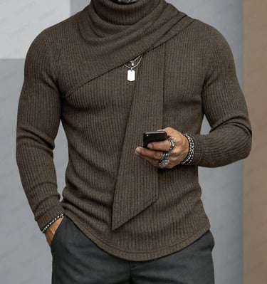 A man wearing a stylish brown ribbed turtleneck sweater with a unique scarf detail and accessories.