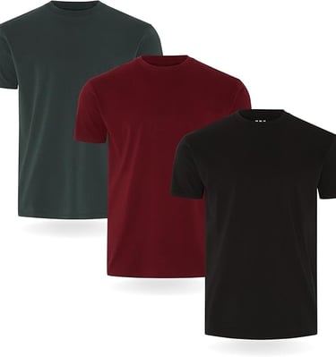 Three pack of men's cotton crew neck t-shirts in dark green, burgundy, and black.