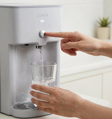 Happy family using a water dispenser in their cozy kitchen.