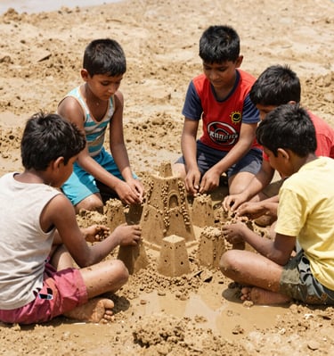 Children building sandcastles together in the sunny play area.