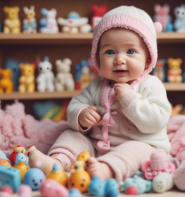 Cozy baby products corner with soft lighting and pastel colors.