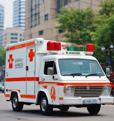 A sleek white ambulance parked outside a busy Hyderabad hospital at dusk