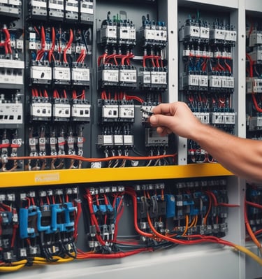 Wide shot of a technician wiring smart home devices on a wall.
