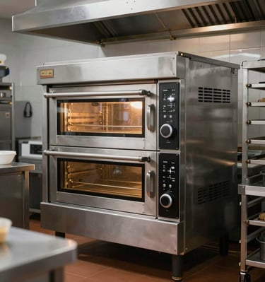 A sleek commercial electric oven glowing warmly in a modern kitchen.