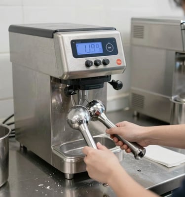 A display of elegant coffee brewers and cups arranged for a bustling café.