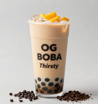A close-up of a colorful OG Boba drink with fresh tapioca pearls and a vibrant straw.
