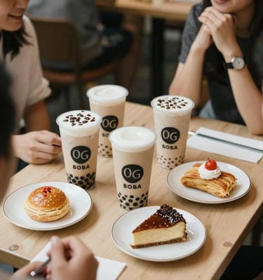 An overhead shot of a table with OG Boba drinks, pastries, and friendly chatter in the background.