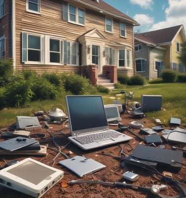 Modern industrial workspace with blue and green accents, showing dismantled refrigerators neatly arranged for processing.