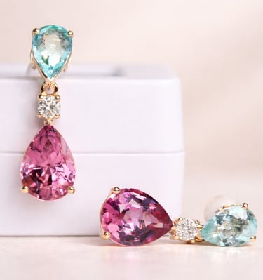 paraiba tourmaline pink spinel diamond earrings in 18k rose gold