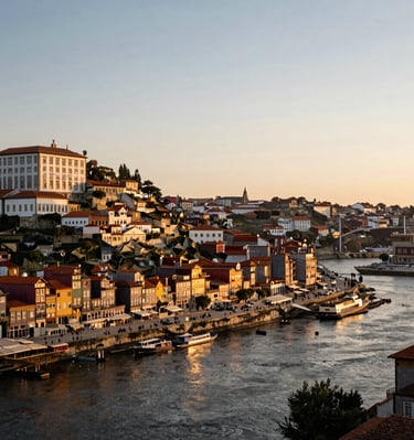 A sunlit cobblestone street in a charming European village at golden hour.