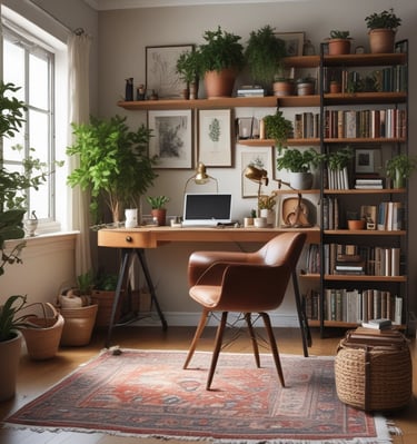 A boho-inspired workspace with layered textures, vintage finds, and warm lighting.
