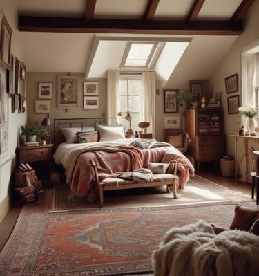 A vibrant gallery wall filled with eclectic art, woven pieces, and natural elements.