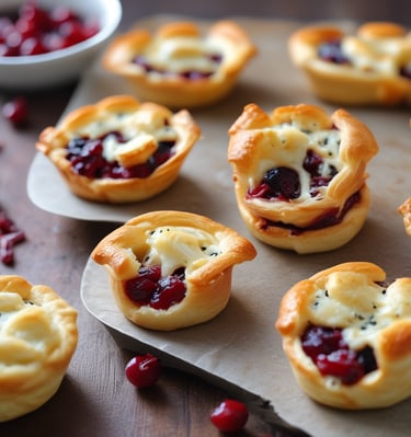 Mini muffin tin filled with raw puff pastry squares, each topped with brie and a dollop of cranberry sauce