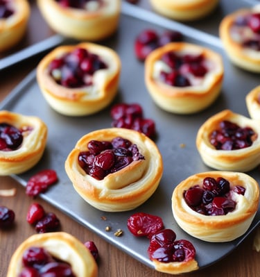 A plate of baked brie and cranberry puffs arranged with sprigs of rosemary for garnish