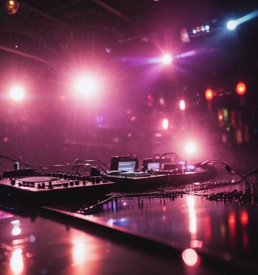DJ setup with colorful lights and a mixer at a sunset outdoor event.