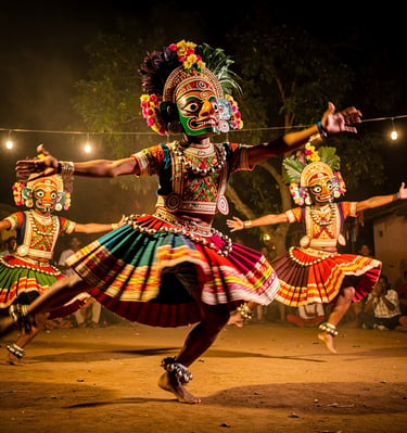 Dancers in vibrant traditional Indian Yakshagana costumes and masks perform at a night festival.