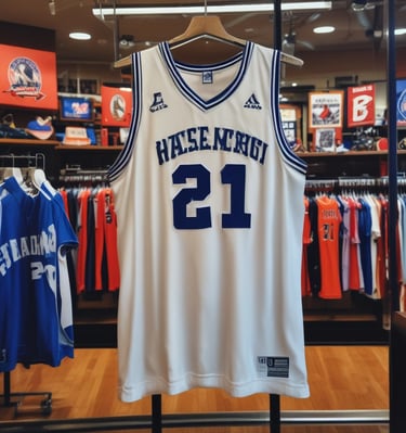 A gold-accented basketball player mid-jump, reaching for a slam dunk against a blurred crowd.